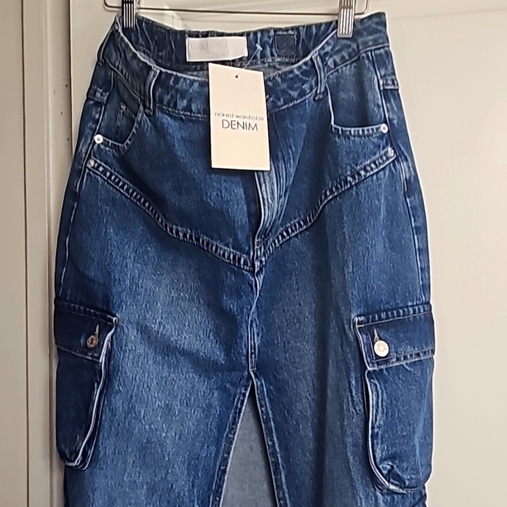 naked wardrobe Dark Blue Denim Cargo Maxi Skirt